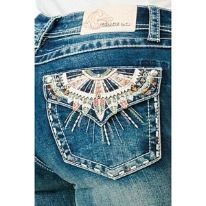 Grace in LA Women's Aztec Feather Embroidered Faux Flap Pocket Bootcut Jeans